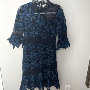 Sea NY Floral Mosaic Crochet Blue Fit N Flare Dress Size 6